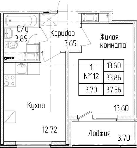 1-комнатная квартира 33.86 м², 4/4 эт., ЖК «Любоград в Стрельне»
